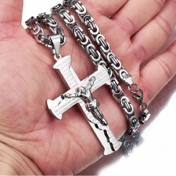 Jesus Crucifix Cross Necklace For Men Silver Color Stainless Steel Byzanine - Picture 6 of 6